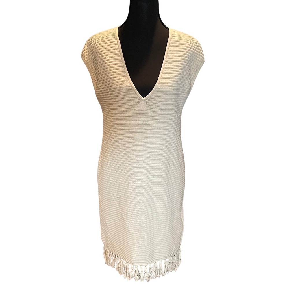 Seafolly Australia Linen Cotton Ribbed Knit Fringe V-Neck Beach Cover Up Dress M